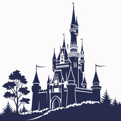 A majestic castle with towers and turrets standing tall against a clear sky. © AX