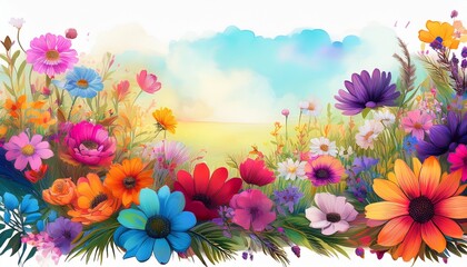 vibrant colorful flower border bursting with blooms of various shapes and sizes creating a stunning natural landscape detail perfect for gardening nature and springtime themes vivid floral
