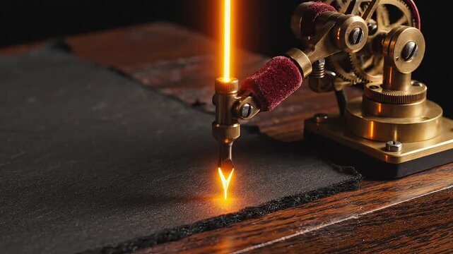 A vintage tattoo machine engraving on leather, close-up view of the needle and sparks flying, showcasing craftsmanship in a dark studio environment, artistic expression through precise design