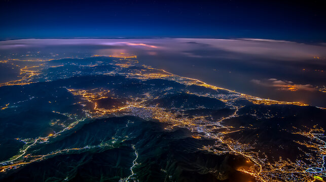 AI generator images of aerial view of the Earth from space at night shows the lights of various cities. The bright lights indicate the population density and urban areas at night.
