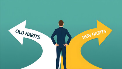 Old habits vs new habits concept, businessman standing in front of arrow written old vs new habits, dilemma choice, positive thinking and motivation to change for better
