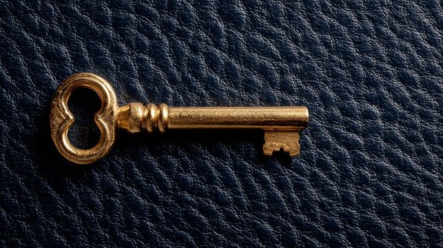 Vintage golden skeleton key on textured dark navy blue leather surface, antique style, elegant and classic, symbolizing security, mystery, and nostalgia, with warm metallic shine