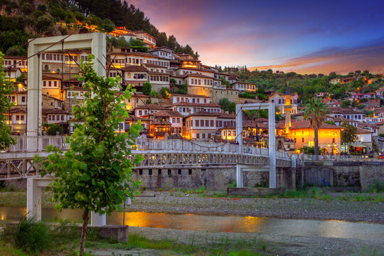 Historical Ottoman Houses in neighborhoods Gorica and Mangalem in Berat, with bridges over river Osum, Albania.