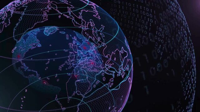 Futuristic rotating digital earth globe with binary code and data points. World map and digital globe with data points, global network animation, The globe land planet.