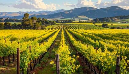 Expansive vineyard, sunlit rows, golden-green vines stretch to distant rolling hills and mountains, under a blue sky