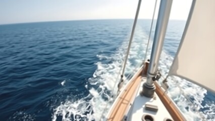 Fototapeta premium starboard. View from classic sailing ship, blue ocean parting into white wake. mobility guides, transit brochures, designed for mobility and urban transit guides, used by professors. 