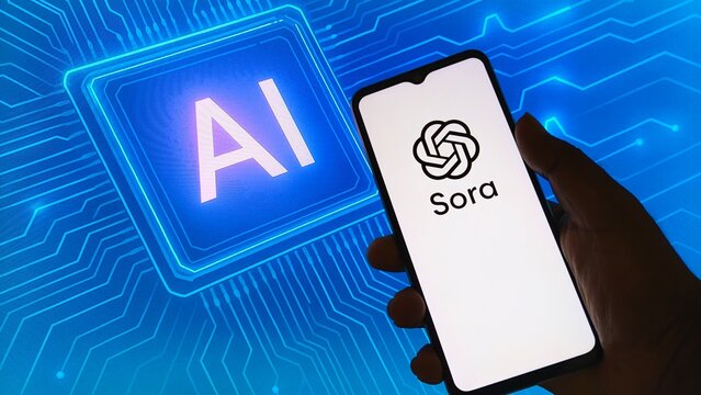 Hand holding smartphone with Sora AI app on screen