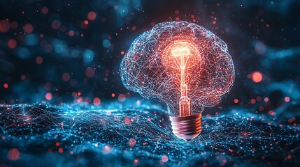 Idea generation concept glowing light bulb brain photo