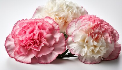 pink and white carnations with ruffled petals on a white background