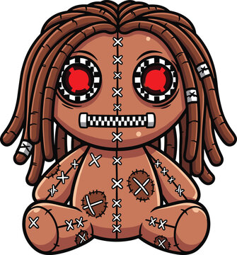 Creepy Voodoo Doll Vector Illustration with Glowing Red Eyes Zipper Mouth and Brown Dreadlocks for Halloween Horror and Gothic Design Concepts