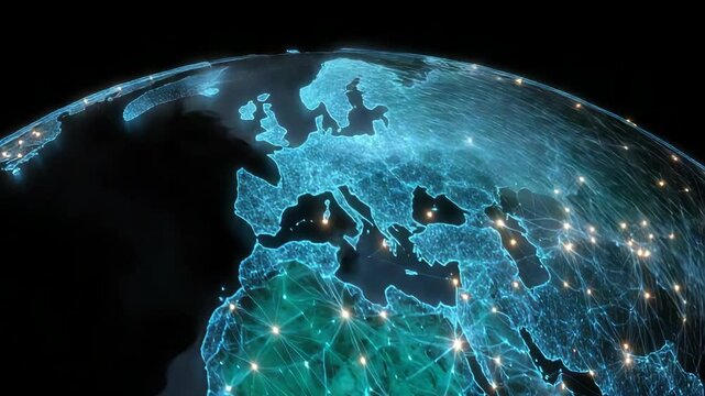 Networks and data links show connections between different regions and cities around the world during a digital mapping process