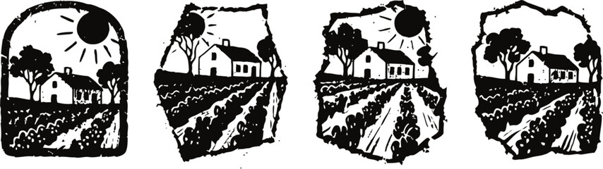 Obraz premium Rustic countryside landscape with house, trees, and sun in black silhouette