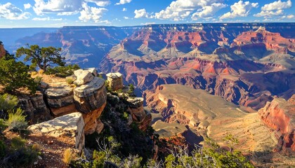 Expansive vista of a vast canyon carved over millennia, showcasing layered rock formations under a brilliant sky