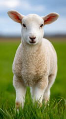 Adorable lamb on green pasture: nature and wildlife animal portrait