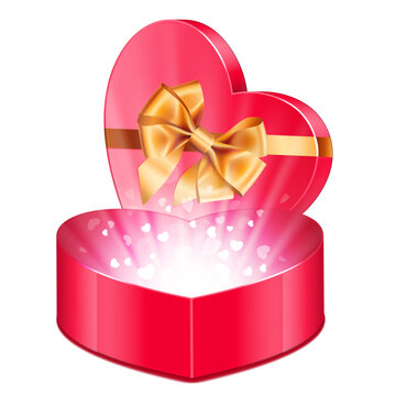 Glowing open heart shaped gift box adorned with a beautiful gold satin bow symbolizes romantic surprise opening to reveal bright magical light and tiny floating hearts