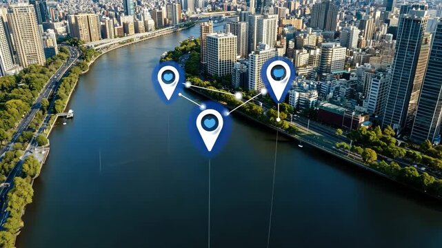 View map markers along the river as the city skyline provides a backdrop during daylight hours