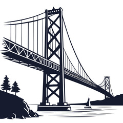 Obraz premium A detailed illustration of a suspension bridge spanning across a body of water.