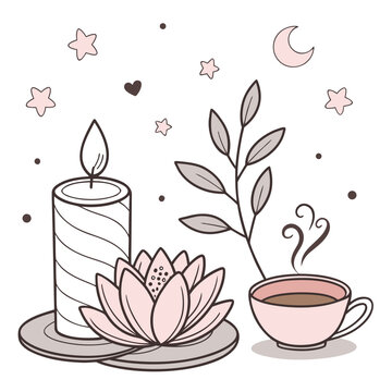 A serene illustration of a lit candle, a blooming lotus flower, and a potted plant on a plate