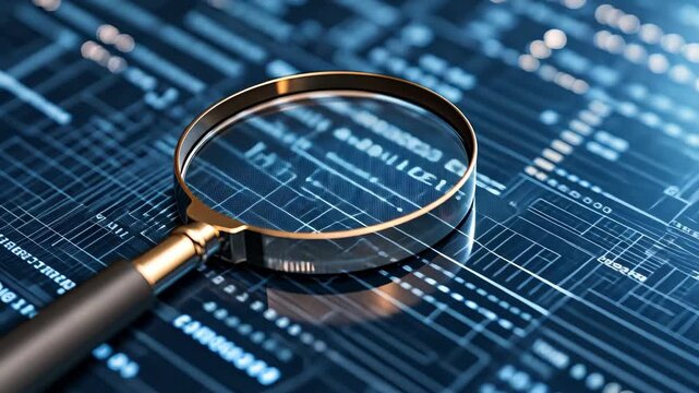 A magnifying glass focuses on lines and shapes on digital screens showing data patterns and technology elements during daytime activities