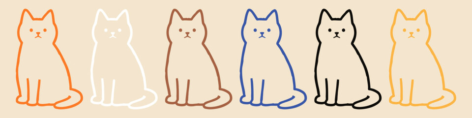 Minimalist line art illustration of colorful sitting cats in a row on a beige background. Cute flat design icons for feline lovers. © Петро Корженівський