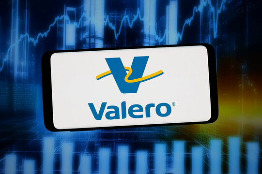 Stuttgart, Germany - 02-09-2026: In this photo illustration, the logo of US fuel company Valero Energy Corporation is displayed on a smartphone in front of abstract background on computer screen.