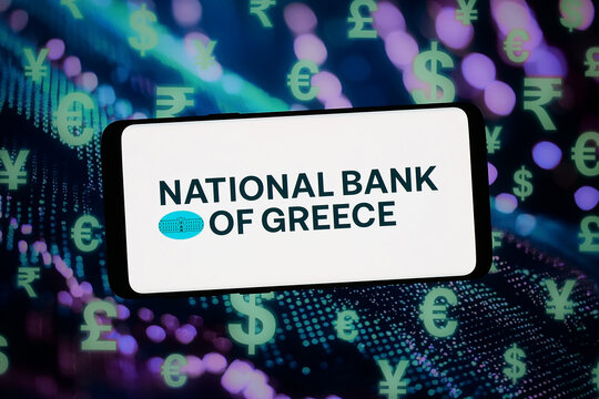 Stuttgart, Germany - 02-09-2026: In this photo illustration, the logo of company National Bank of Greece (NBG) is displayed on a smartphone in front of abstract background on computer screen.