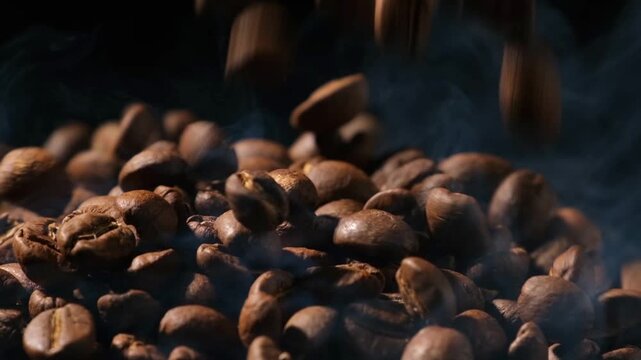 Slow motion of roasted coffee beans falling. Organic coffee seeds