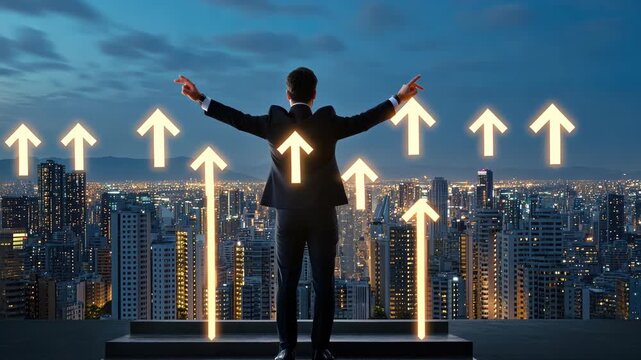 A business professional looks over a city from a rooftop at night with glowing arrows pointing upward, symbolizing success and growth