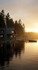 Fototapeta premium Cozy Lakeside Cabin at Sunset with Dock.