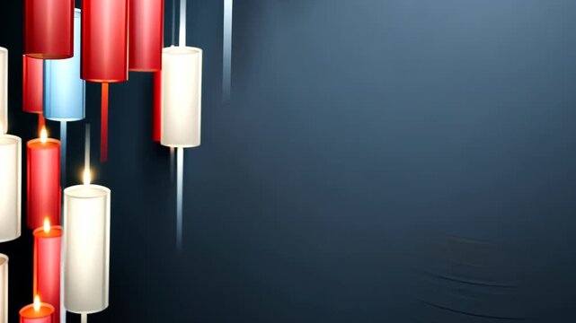 Candles of various colors dangle from strings in a dark setting, enhancing the ambiance for an evening gathering or celebration