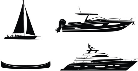 Set of black boat silhouettes including sailing yacht motorboat luxury superyacht and canoe isolated on white background for nautical marine travel and transportation design © MdHasmot