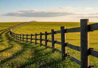 Naklejka premium Wooden fence curves through a sunlit grassy field with wildflowers at golden hour