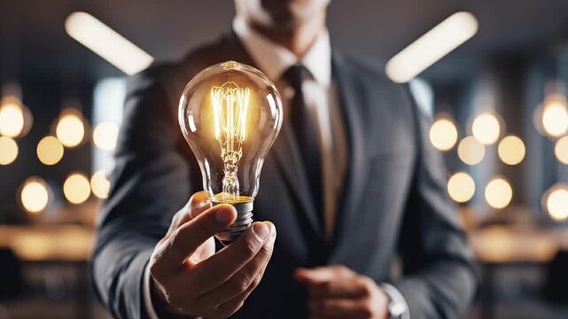 A businessman holding a glowing lightbulb in a modern office with bright ideas