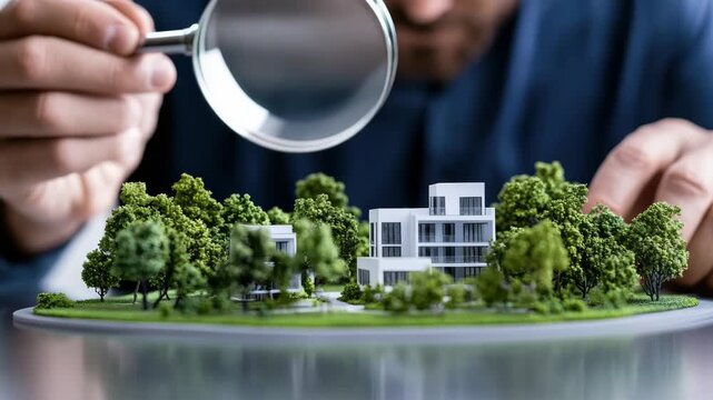 A person examines a model landscape closely with a magnifying glass while surrounded by green trees and buildings under bright light