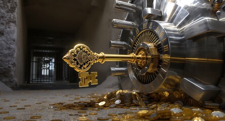 Ornate Golden Key Turns Vault Dial, Unleashing Riches