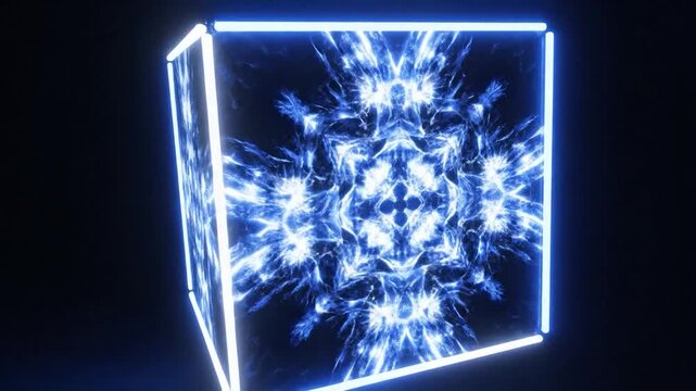 Abstract blue neon light square with glowing symmetrical energy pattern