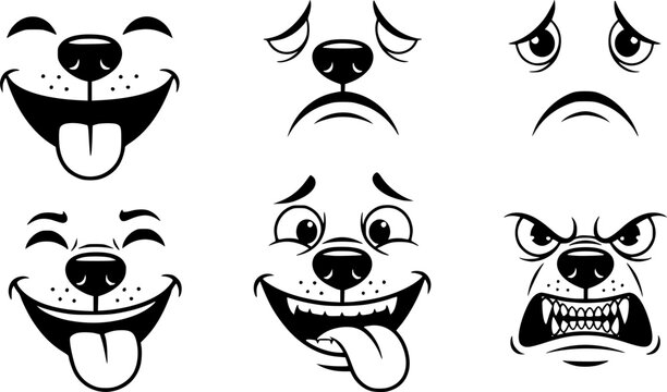 Dogs mouth expression. Animals face emotions. Cartoon various doggy character with tongue, nose, mouths, teeth. Happy, sad, funny, angry dog mood emojis. Vector set
