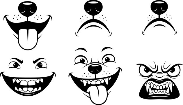 Dogs mouth expression. Animals face emotions. Cartoon various doggy character with tongue, nose, mouths, teeth. Happy, sad, funny, angry dog mood emojis. Vector set