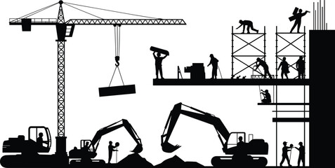 Vector, black, silhouette, illustration, of, a, construction, site, with, cranes, excavators, workers, and, scaffolding, for, industrial, engineering, city, building, and, development, design, © MstSahanaj