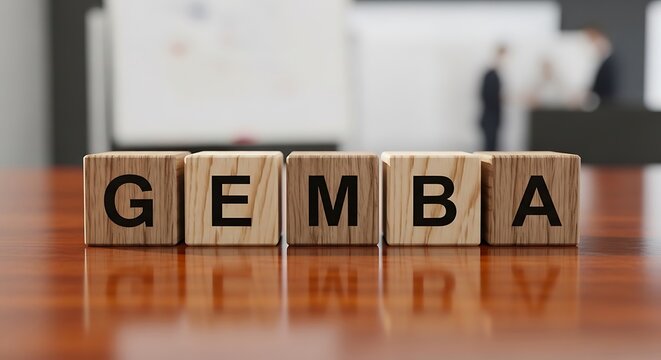 Gemba Concept with Wooden Blocks on Table.