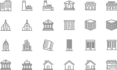 Building architecture line icons set with houses offices banks churches stores and urban property outline symbols collection