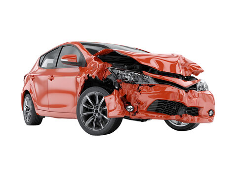 Front view of a red wrecked car after accident isolated on transparent or white background, png
