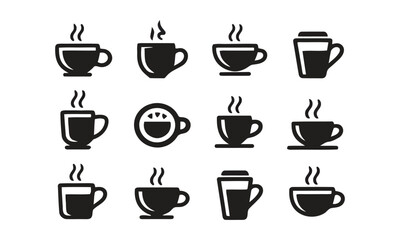 Assorted coffee cup icons with steam, representing hot beverages and cafes