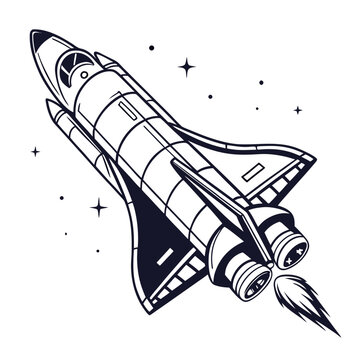 A detailed illustration of a space shuttle launching into the cosmos.