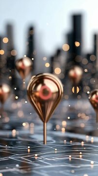 Metal tops spin on a reflective surface with blurred shapes and lights in the background creating an interesting visual effect