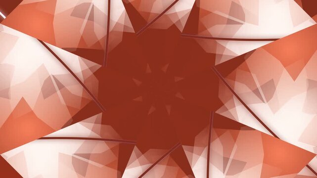 A vibrant, geometric motion graphics design featuring a central red shape surrounded by a kaleidoscope of orange, pink, and white triangles on a white background with a dynamic, energetic