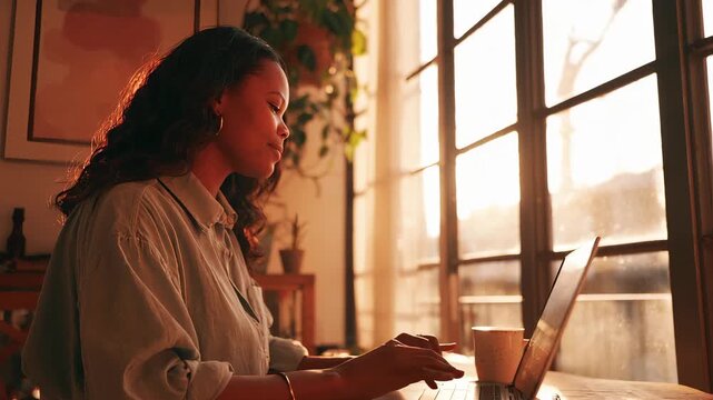 Woman Working on Laptop by Window