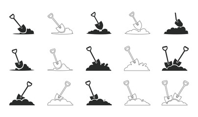 Collection of shovel icons digging into soil for gardening and construction © NuovaPixel