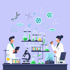 Scientists Conduct Research in Modern Laboratory with DNA, Molecules & Equipment