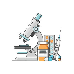 Microscope, Syringe, Pills, and Medicine Bottle: Medical Research and Healthcare Concept